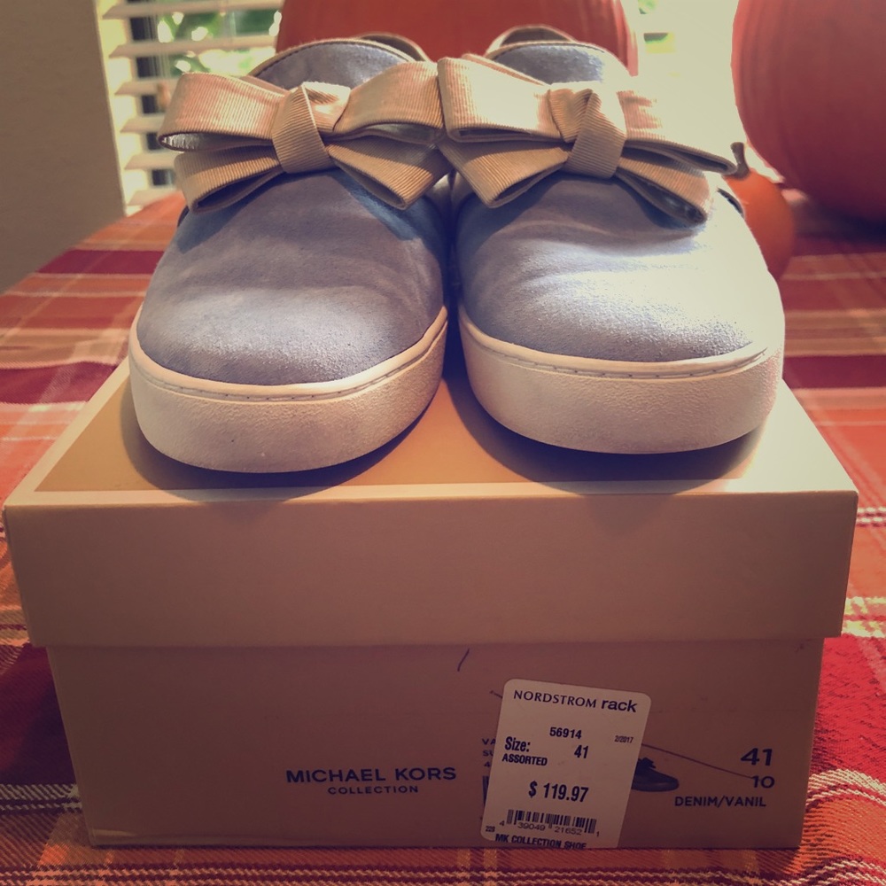 Michael Kors blue suede slip-ones with bow size 10
